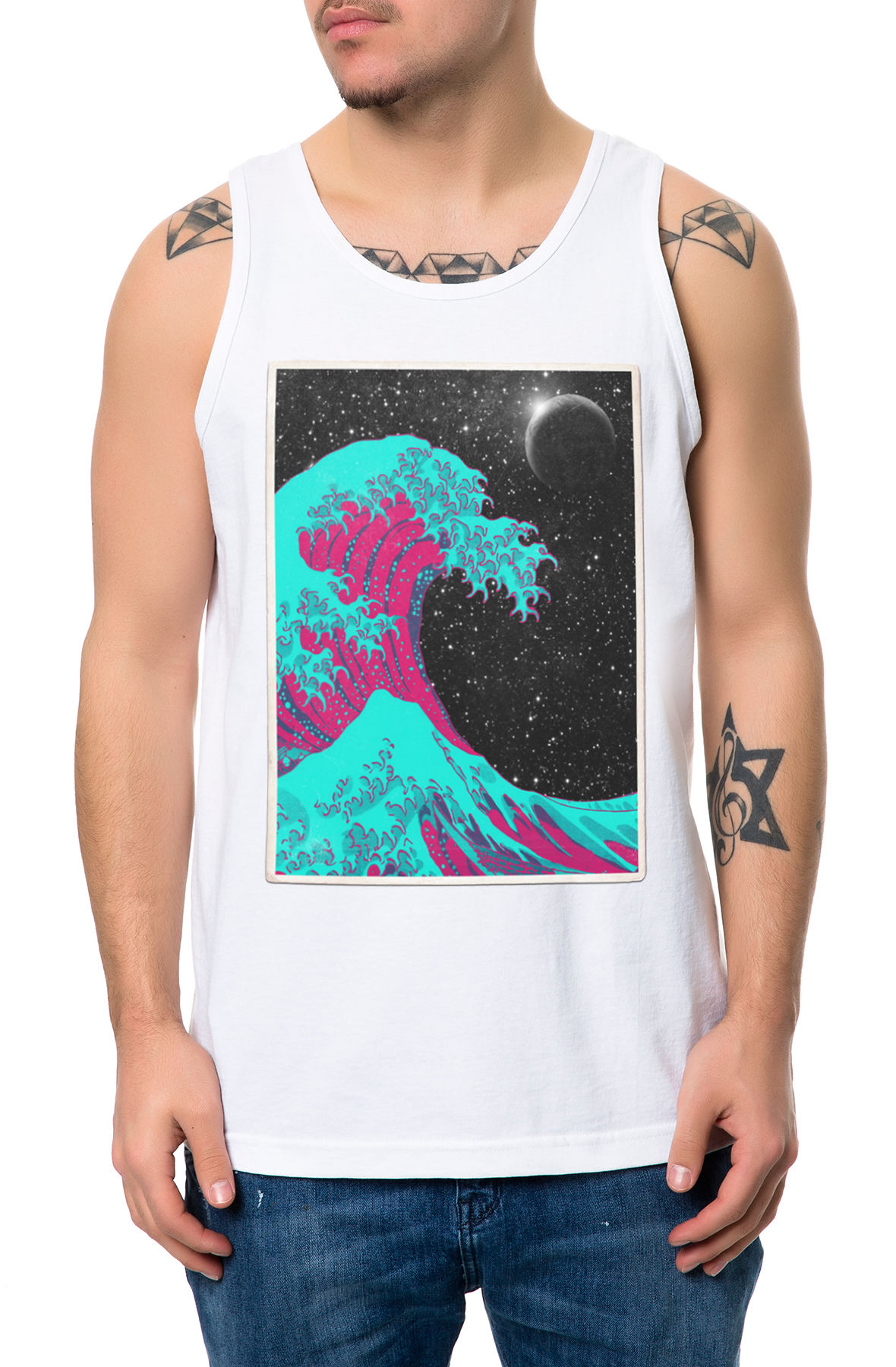 The Hokusai Wave Neon Tank Top in White