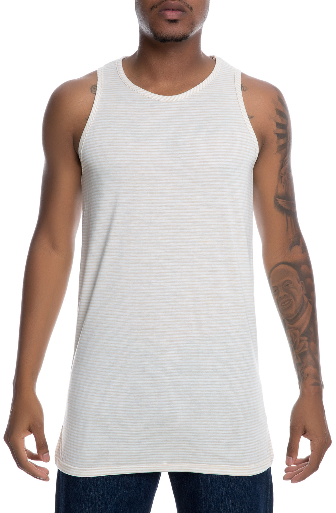 The King Straight Hem Elongated Tank in Tan Stripes