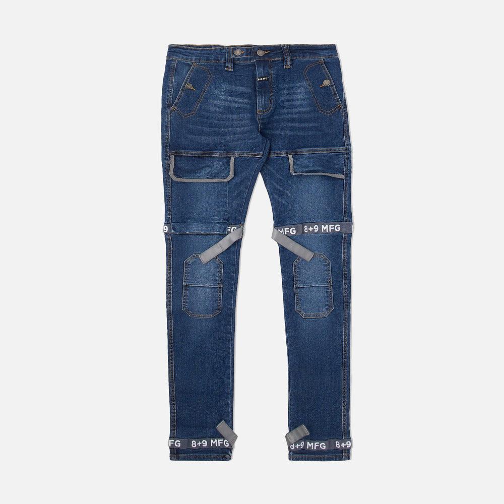 Strapped Up Slim Utility Dark Washed Jeans Flint Straps