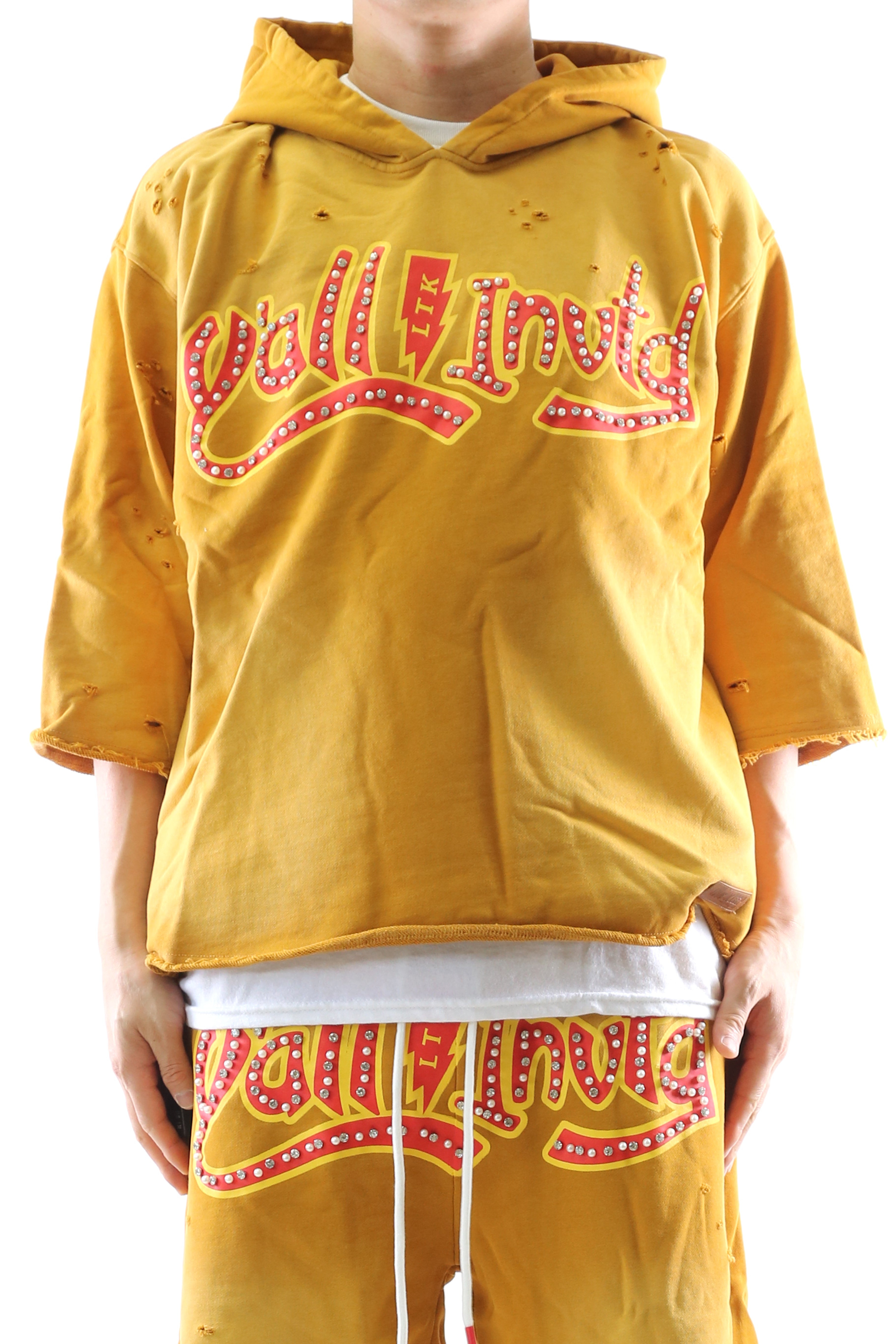 PECU French Terry 3/4 Sleeve Crop Top Pullover Hoodie