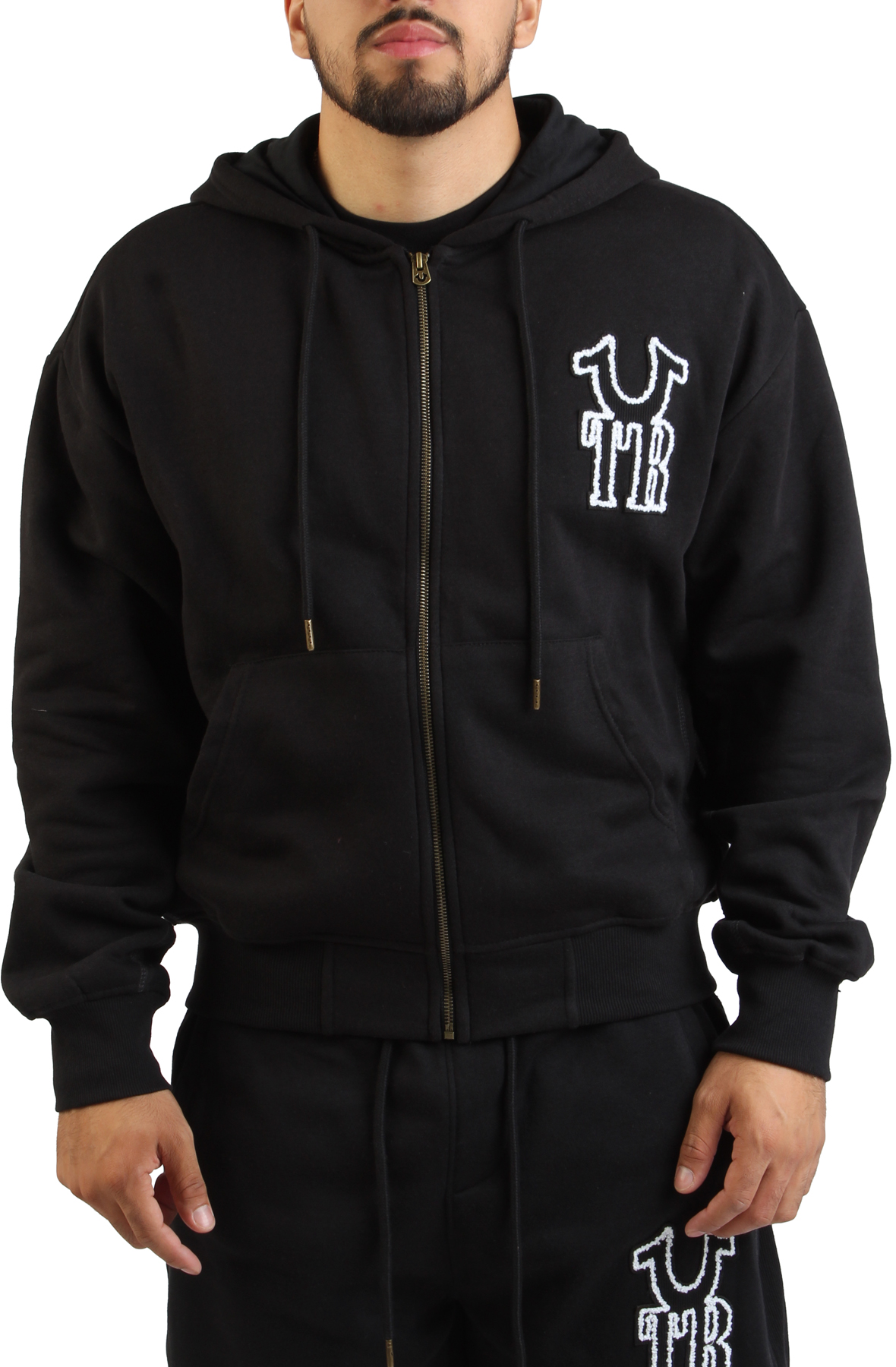 Ribbed Applique Zip-Up Hoodie