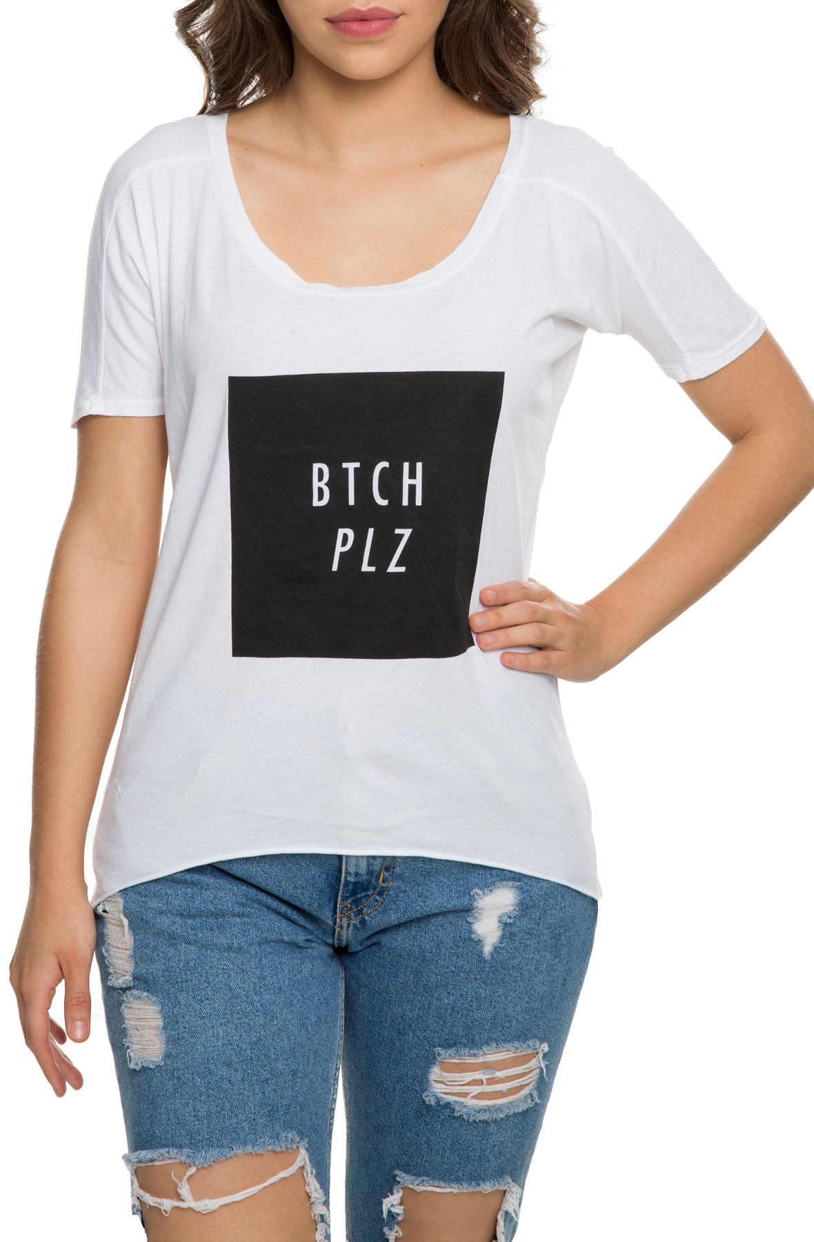 The Btch Plz Raw Edge Tee in White