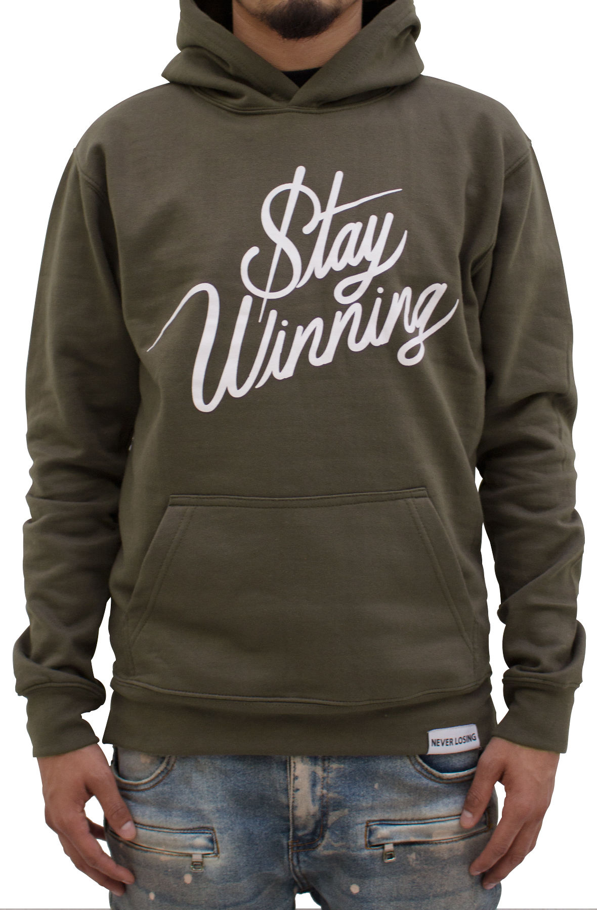 Stay Winning Dark Olive Script Cordless Hoodie