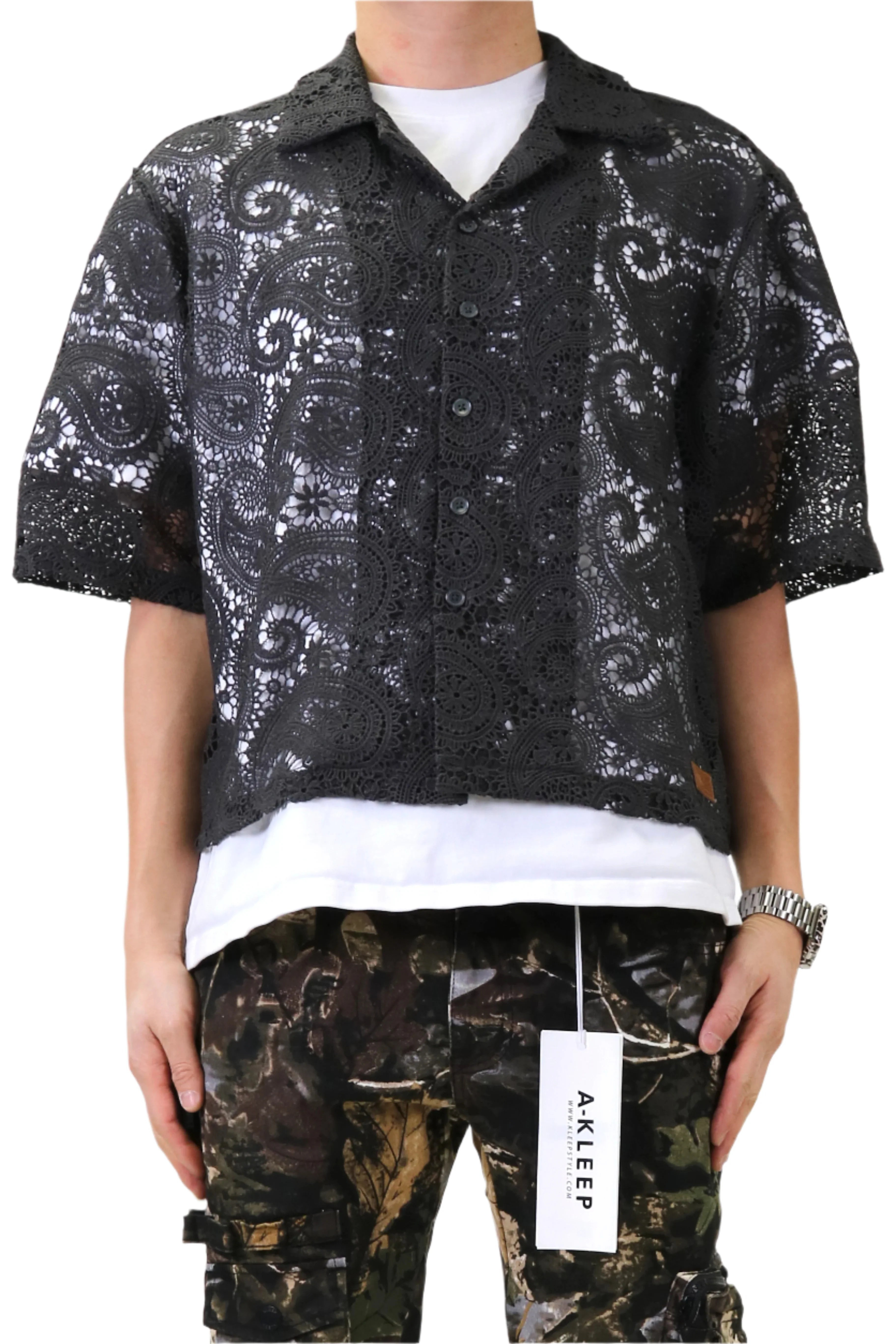 ELUX Paisley Mesh Crop Top Short Sleeve Buttondown Shirt