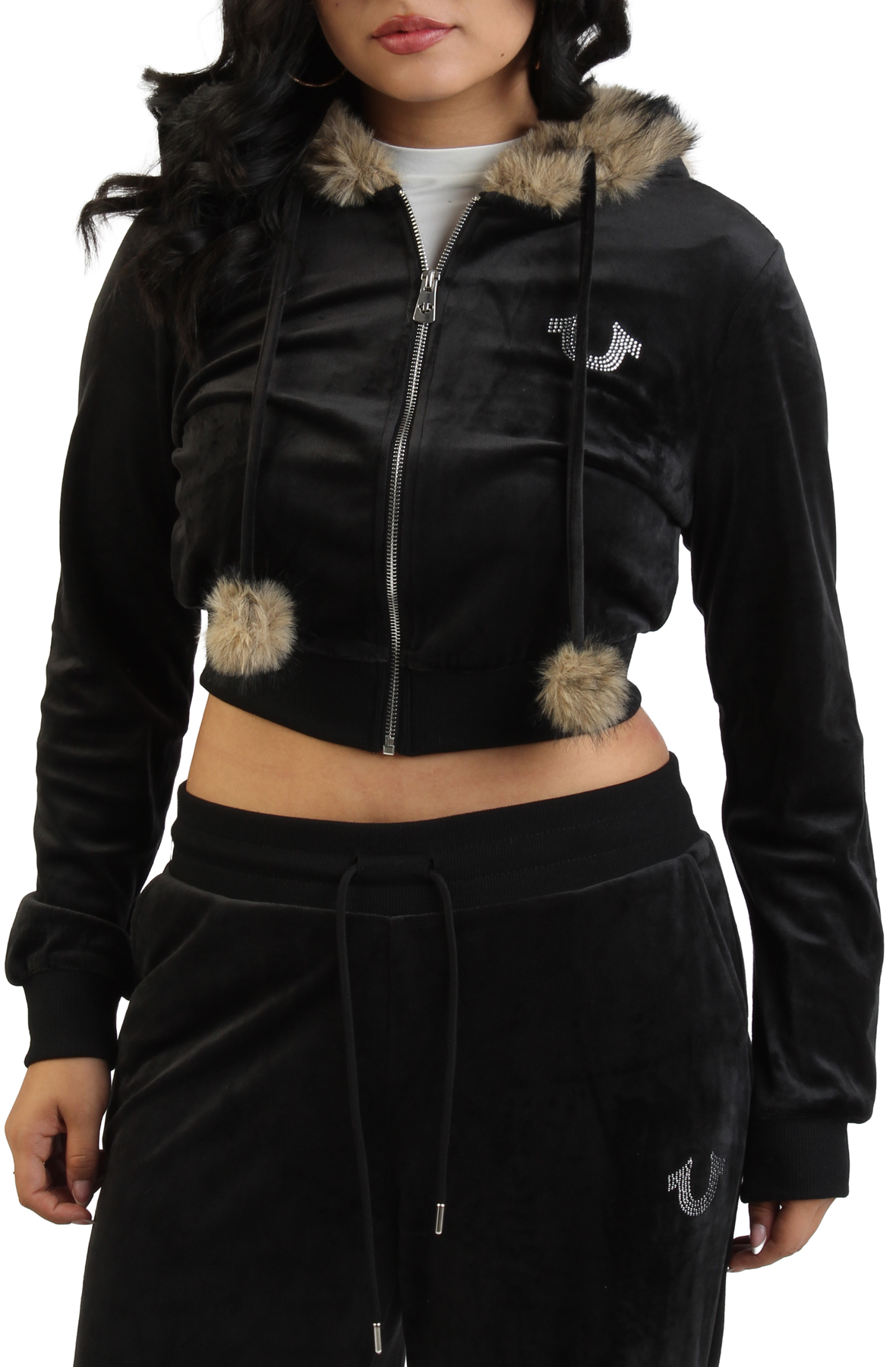 Velour Faux Fur Shrunken Zip-Up Hoodie