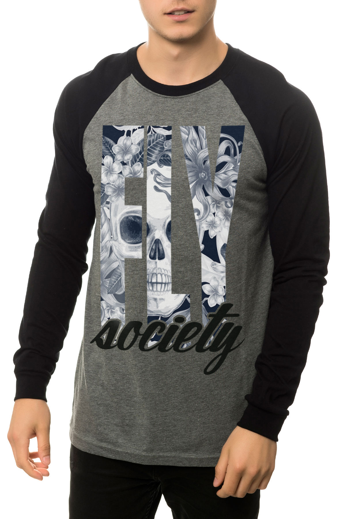 The Fly Skull Raglan in Heather Grey and Black (Black Sleeves)