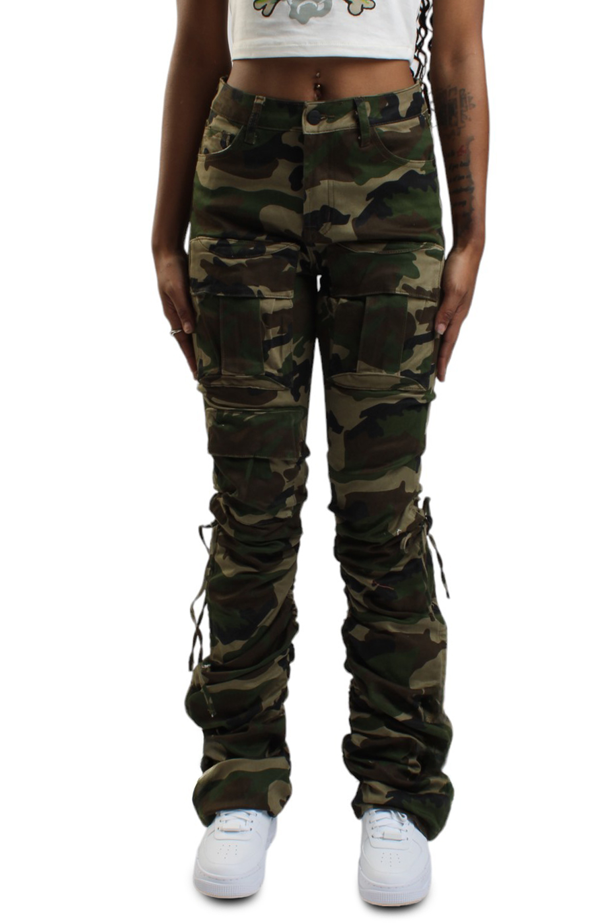 High Rise Strap Bootcut Twill Pants