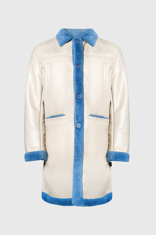 Metal Logo Faux Lambskin Shearling Coat