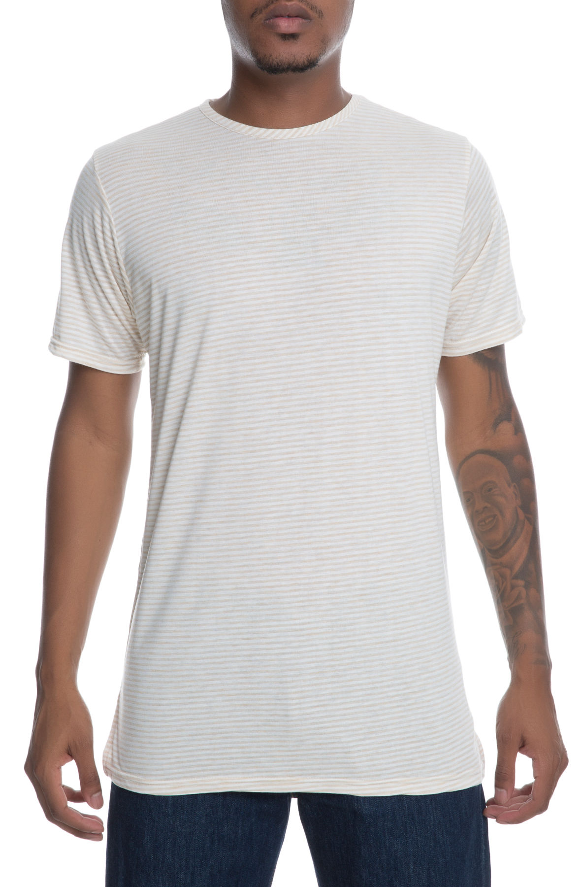 The Swish Short Sleeve Elongated Tee in Tan and White Stripe