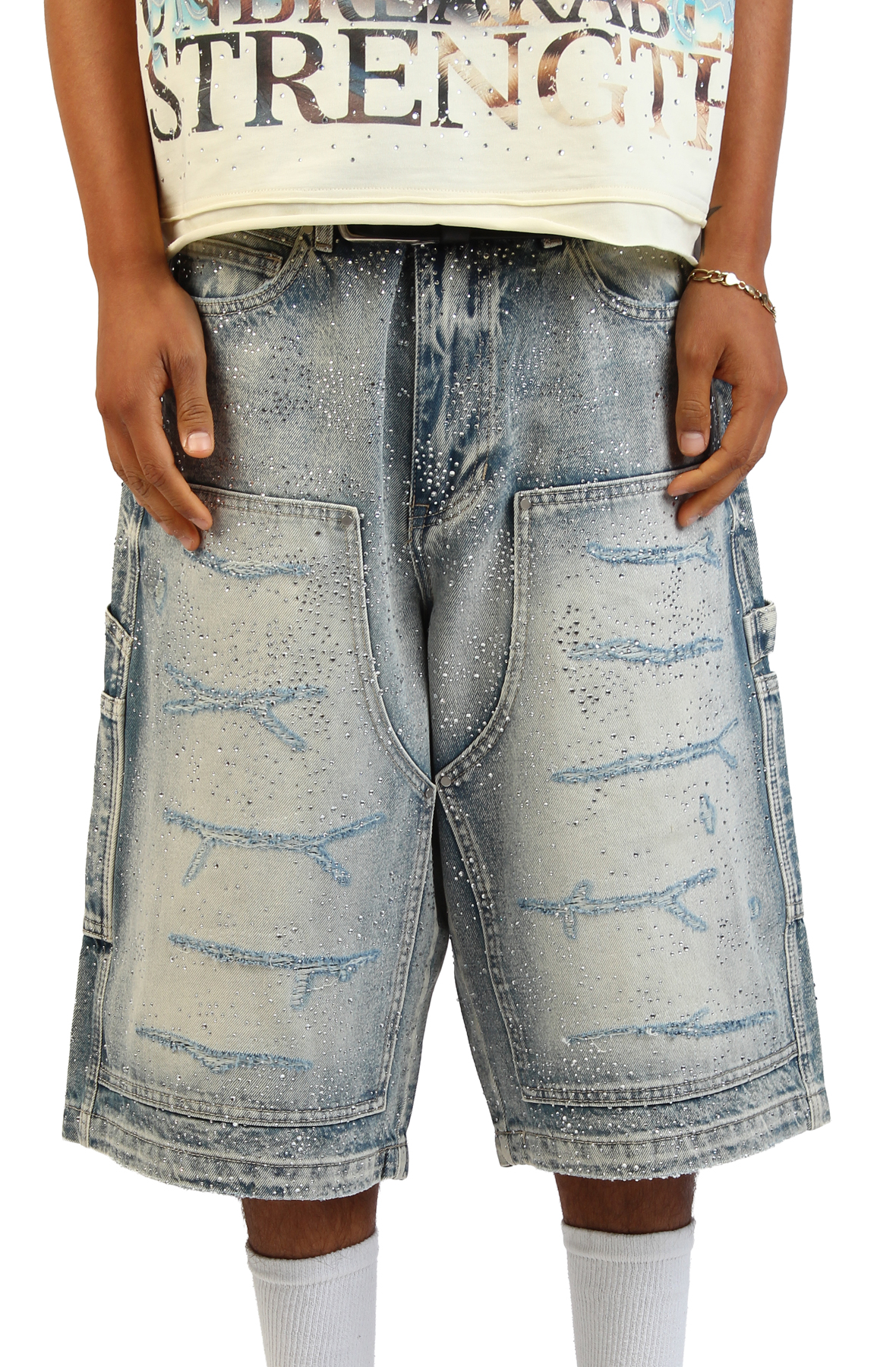 Rhinestone Denim Jort Shorts