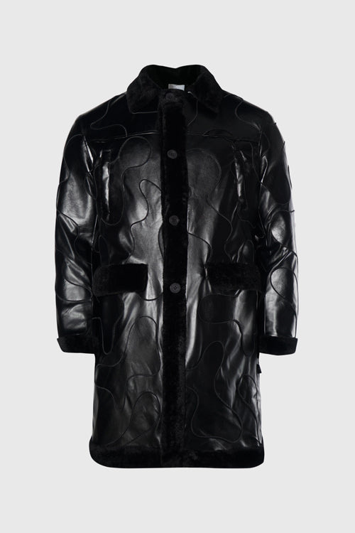 Metal Logo Faux Lambskin Shearling Coat
