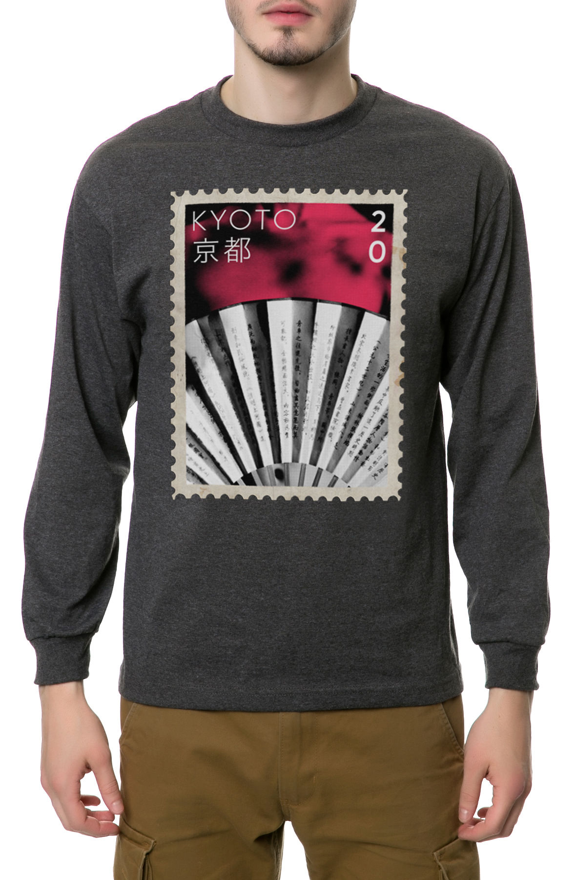 The Kyoto Fan Long Sleeve Tee in Charcoal Heather