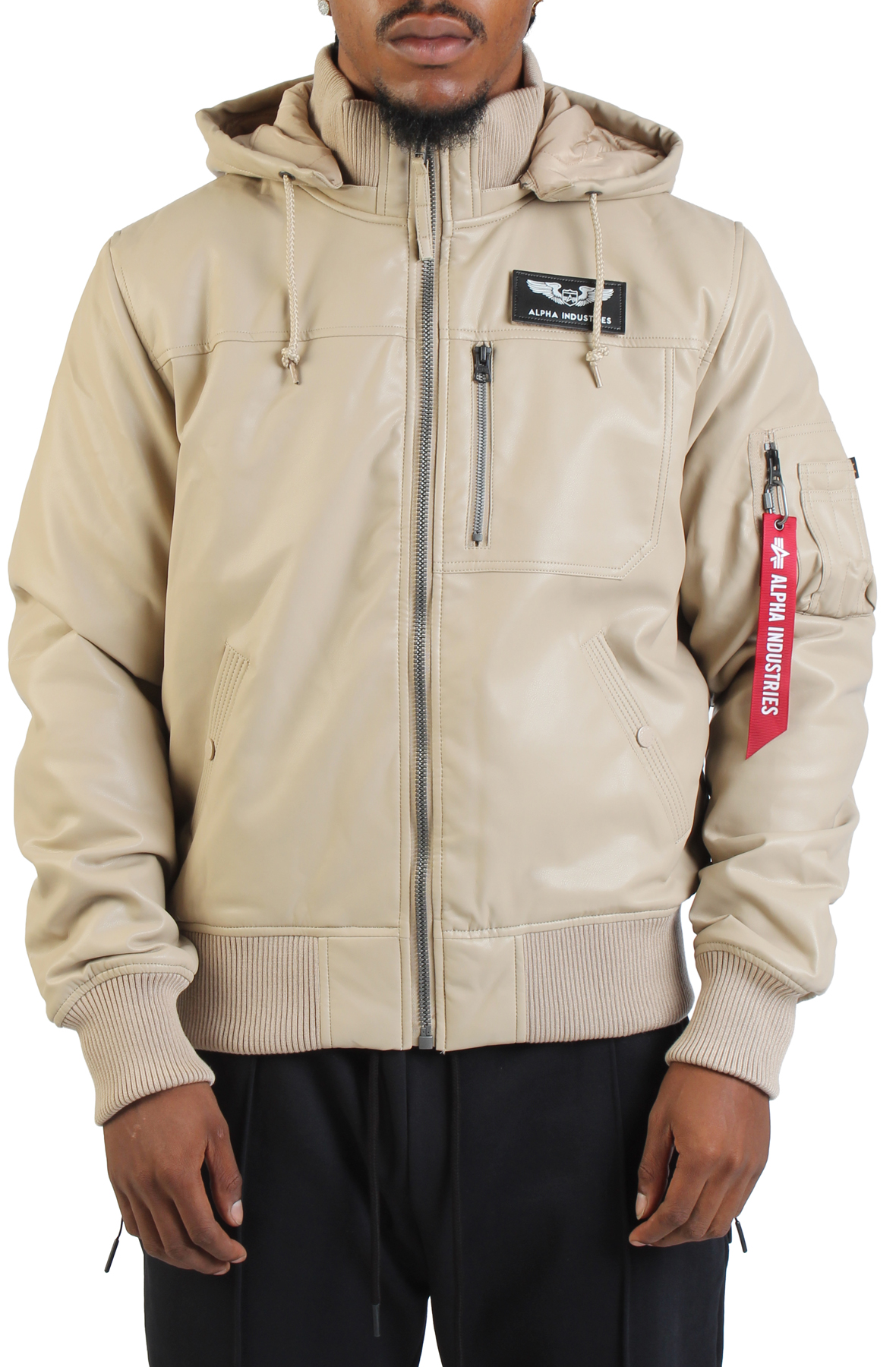 Faux Leather Hooded Rib Flight Jacket