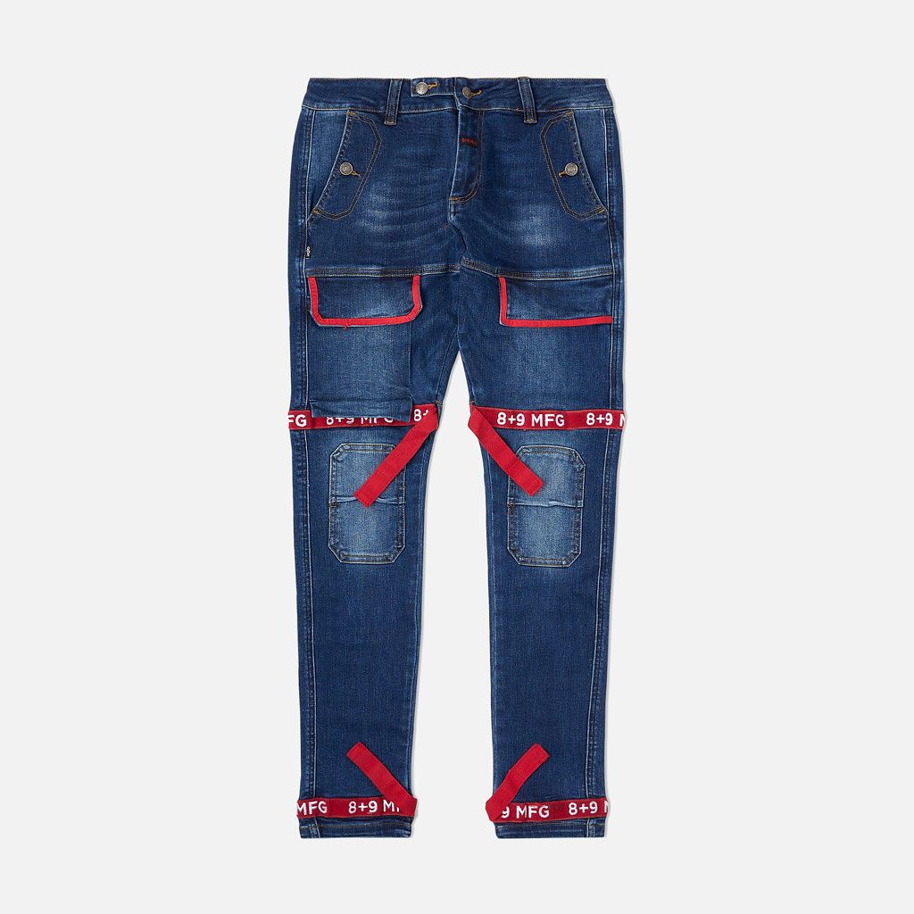 Strapped Up Slim Utility Dark Washed Jeans Red Straps