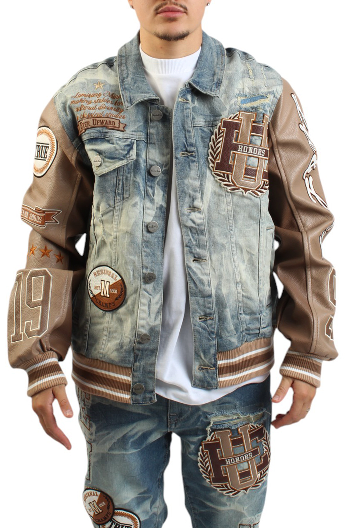 Vegan Leather Sleeve Varsity Denim Jacket