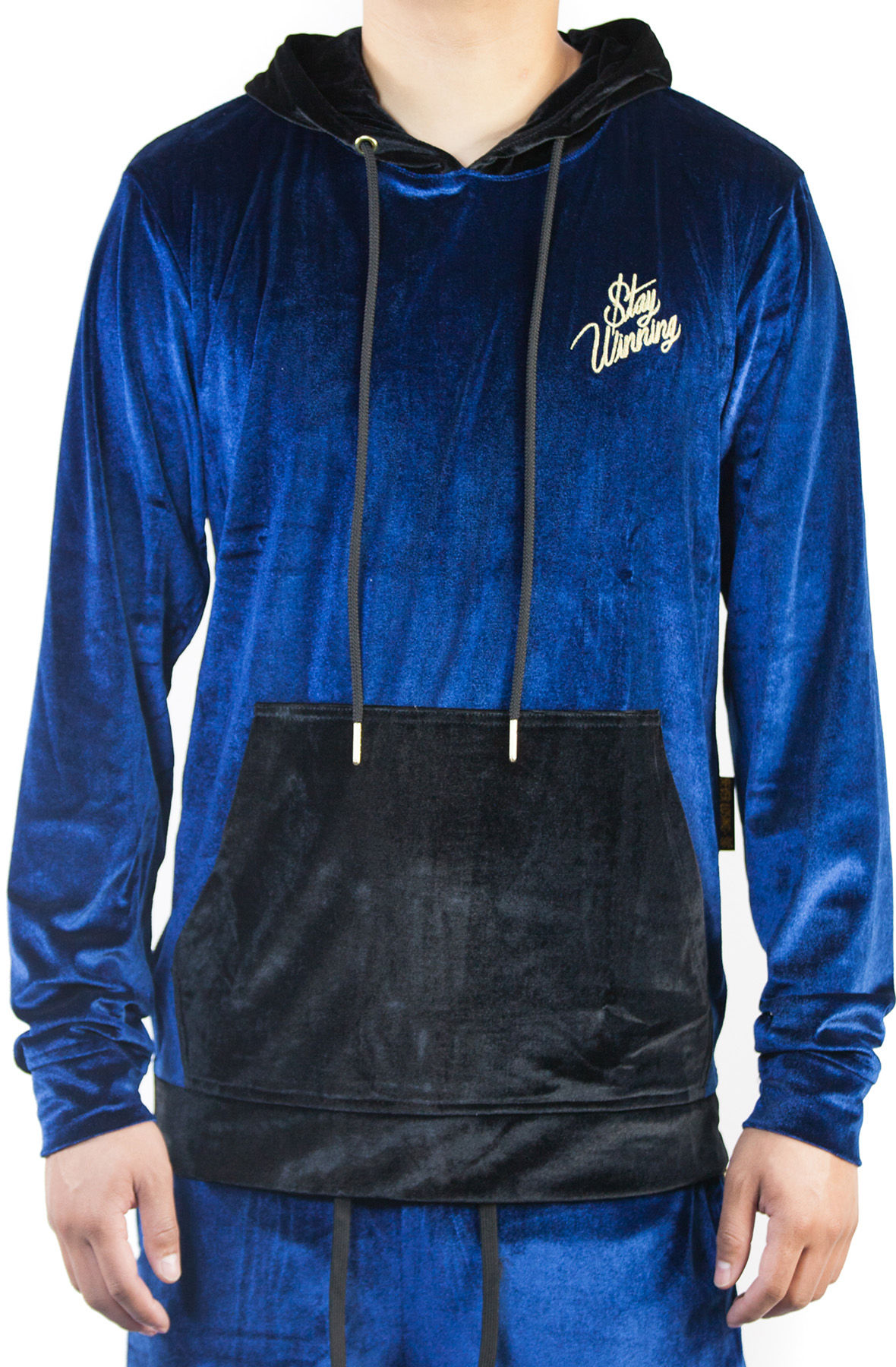 Stay Winning Embroidered Velour Blue Hoodie