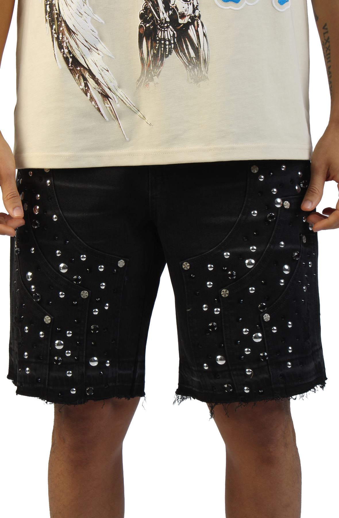Side Panel Studded Denim Shorts