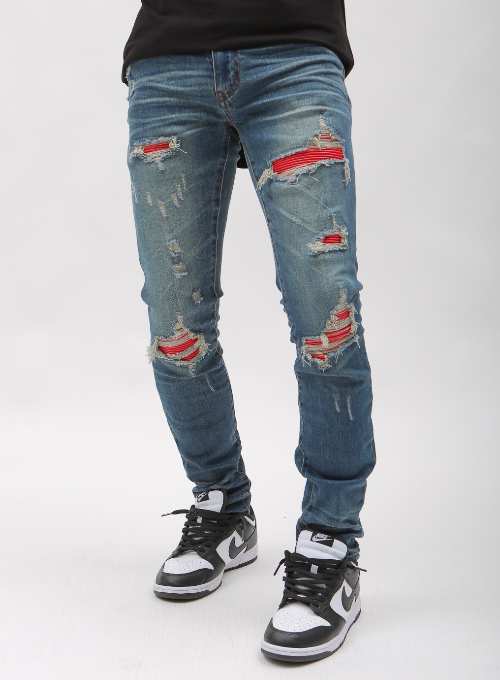 Nokwal Heavy Distressed W/ Red Leather Blue Skinny Denim