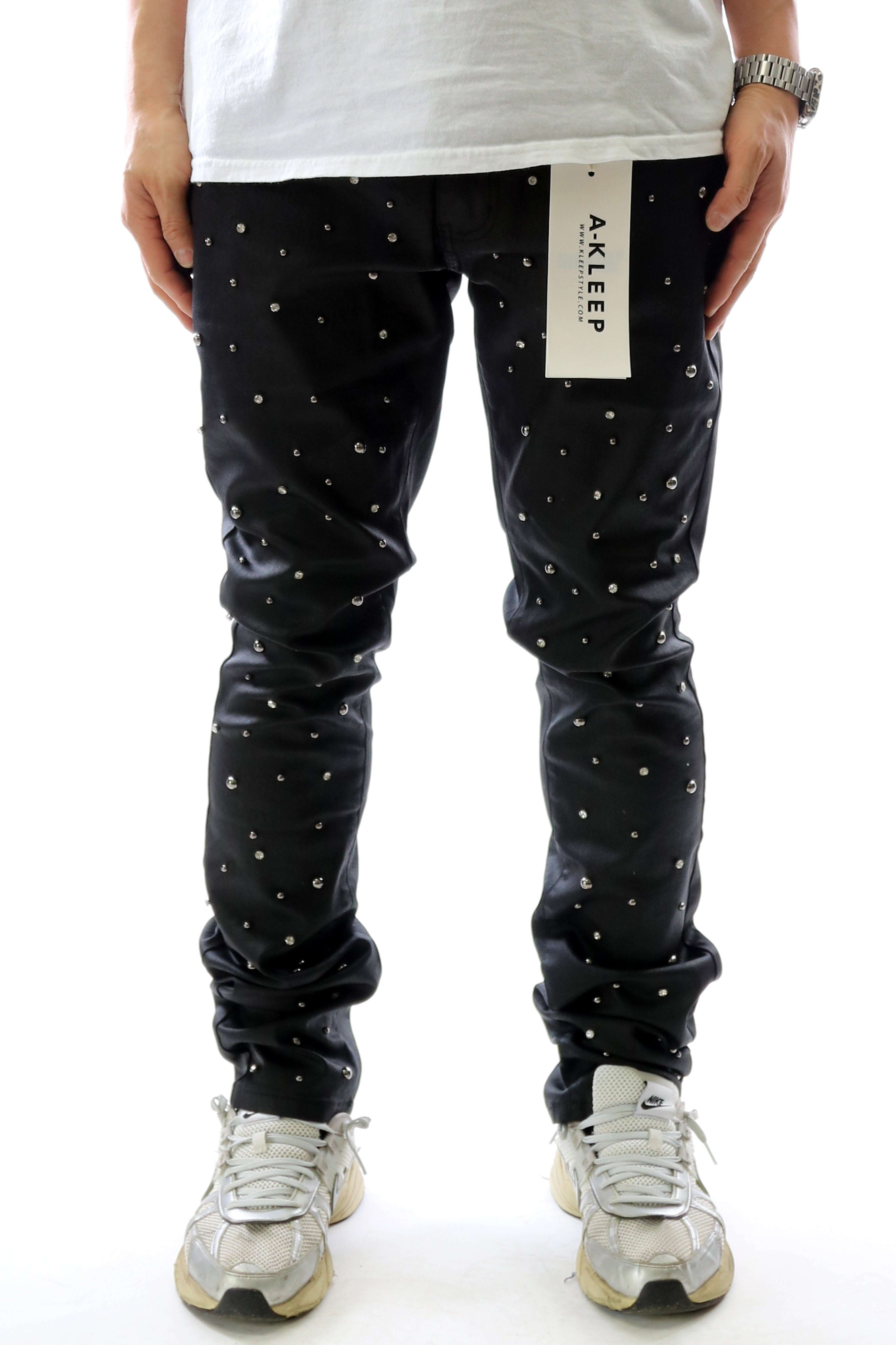 CLAY Men's Premium Wax Coated Skinny Denim Pants with Crystal Stud in front