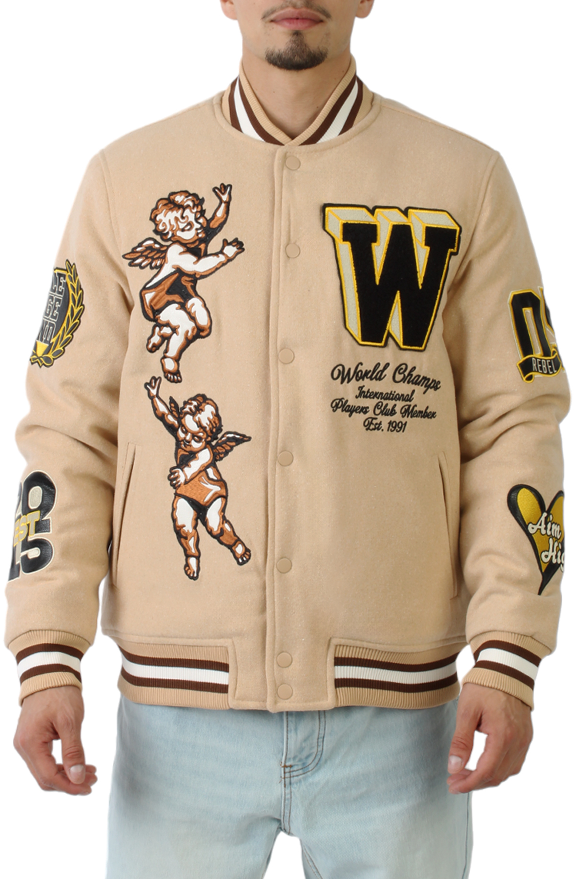 REBEL MINDS Cherub Rock Varsity Jacket 932-511BGE - Karmaloop REBEL MINDS Cherub Rock Varsity Jacket 932-511BGE - Karmaloop