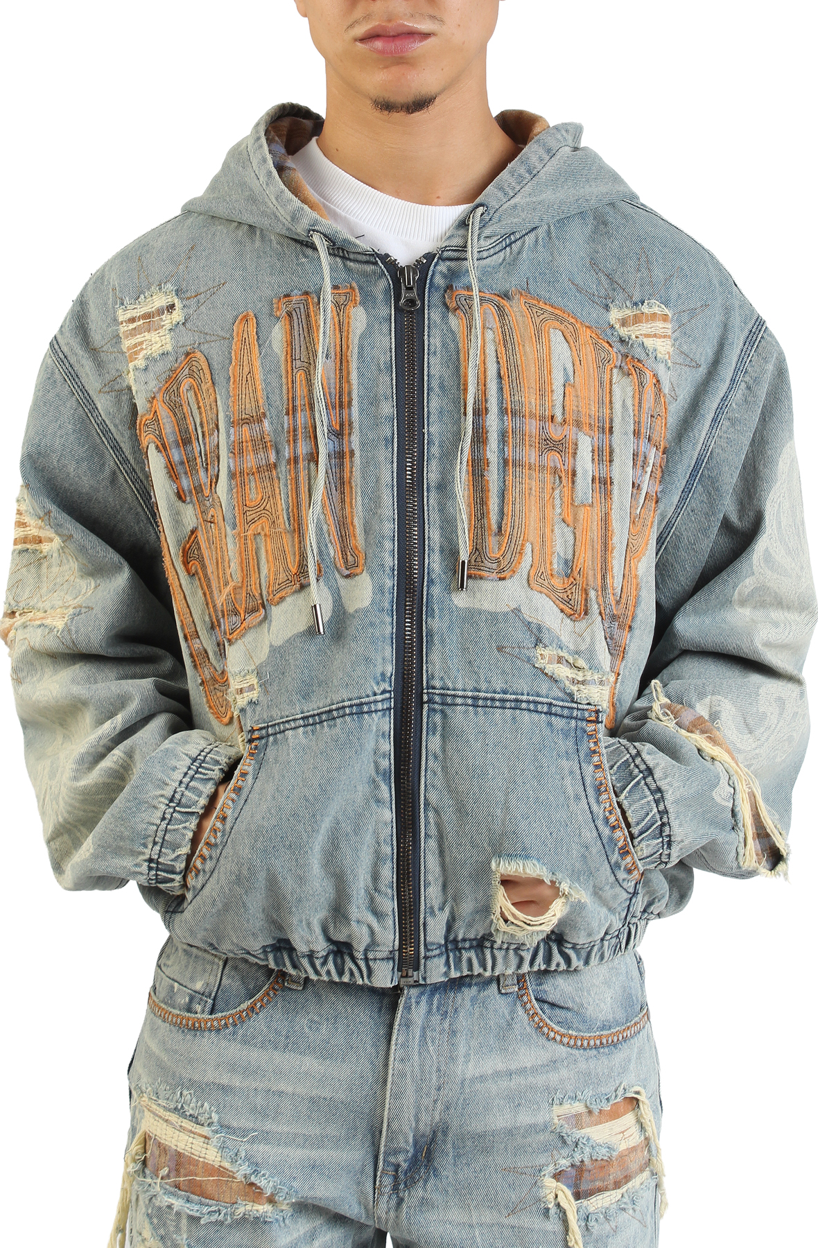 SMOKE RISE Grandeur Plaid Denim Hoodie Jacket JJ25644SK-MUN