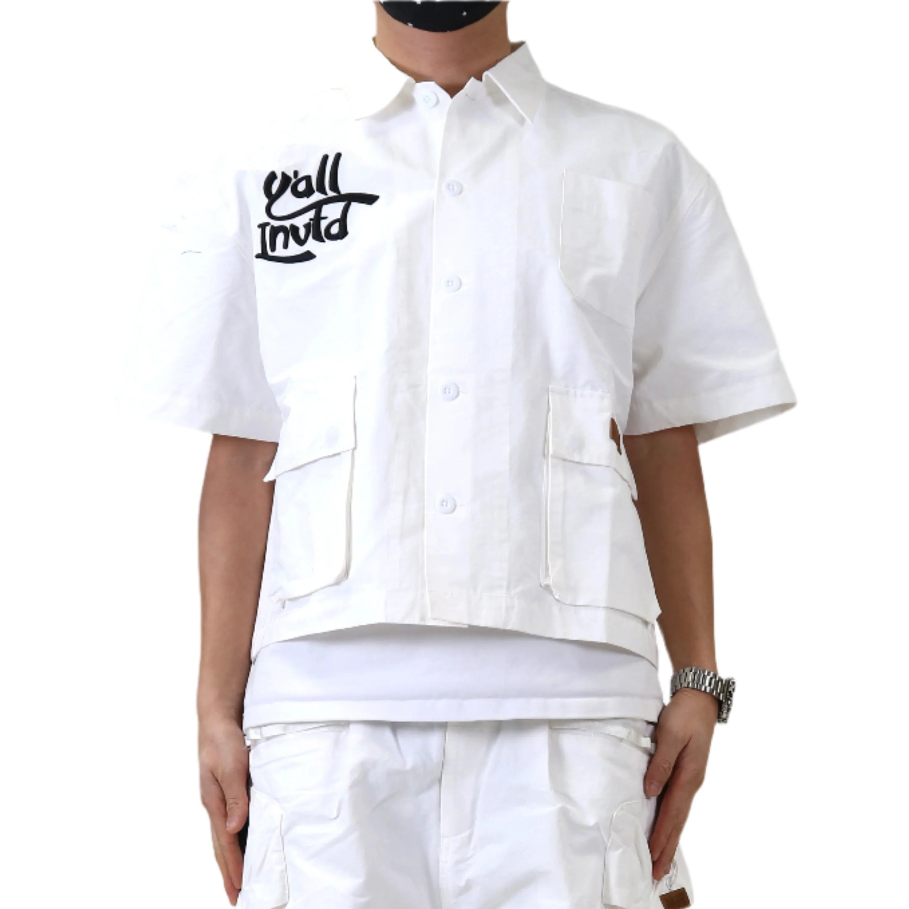 Revol Fine Nylon Twill Boxy Cut Crop Top Short sleeve Buttondown Shirt