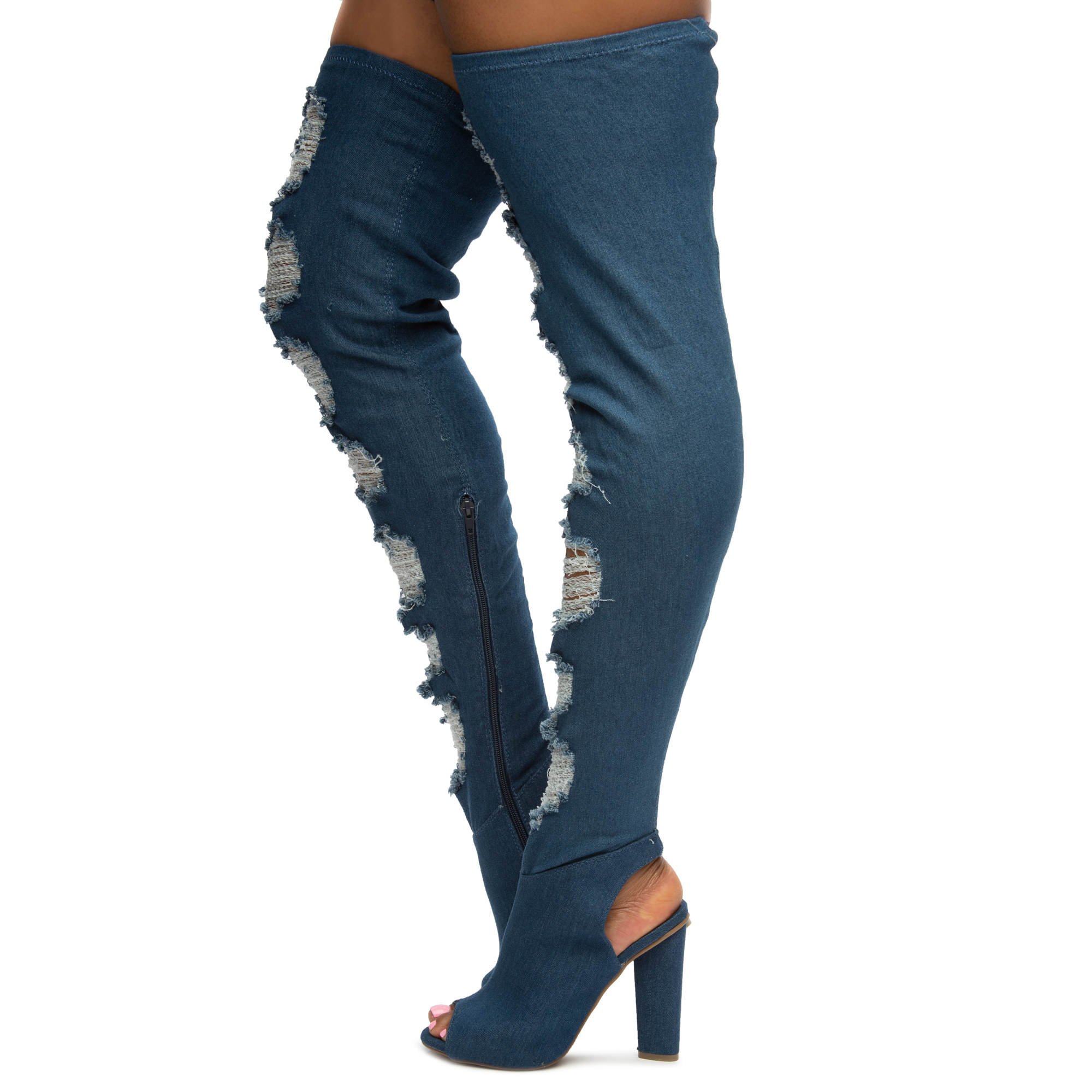 Sunlight-03S Ripped Thigh High Denim Boots