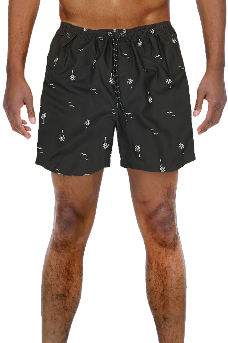 black white palm print swim shorts