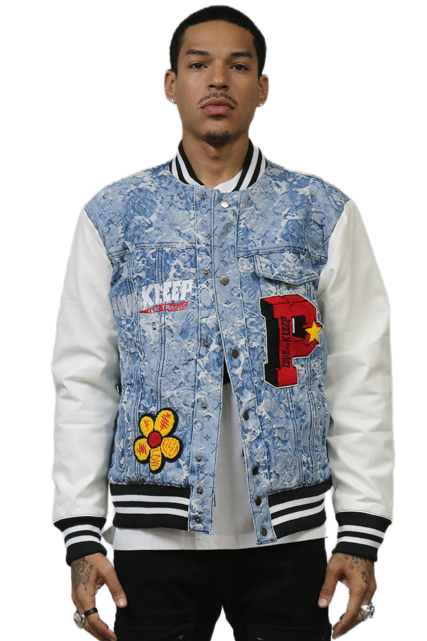 FLEX Men's Jacquard Body with faux Leather Sleeve Varsity Jacket