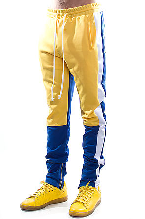 blue track pants with white stripe