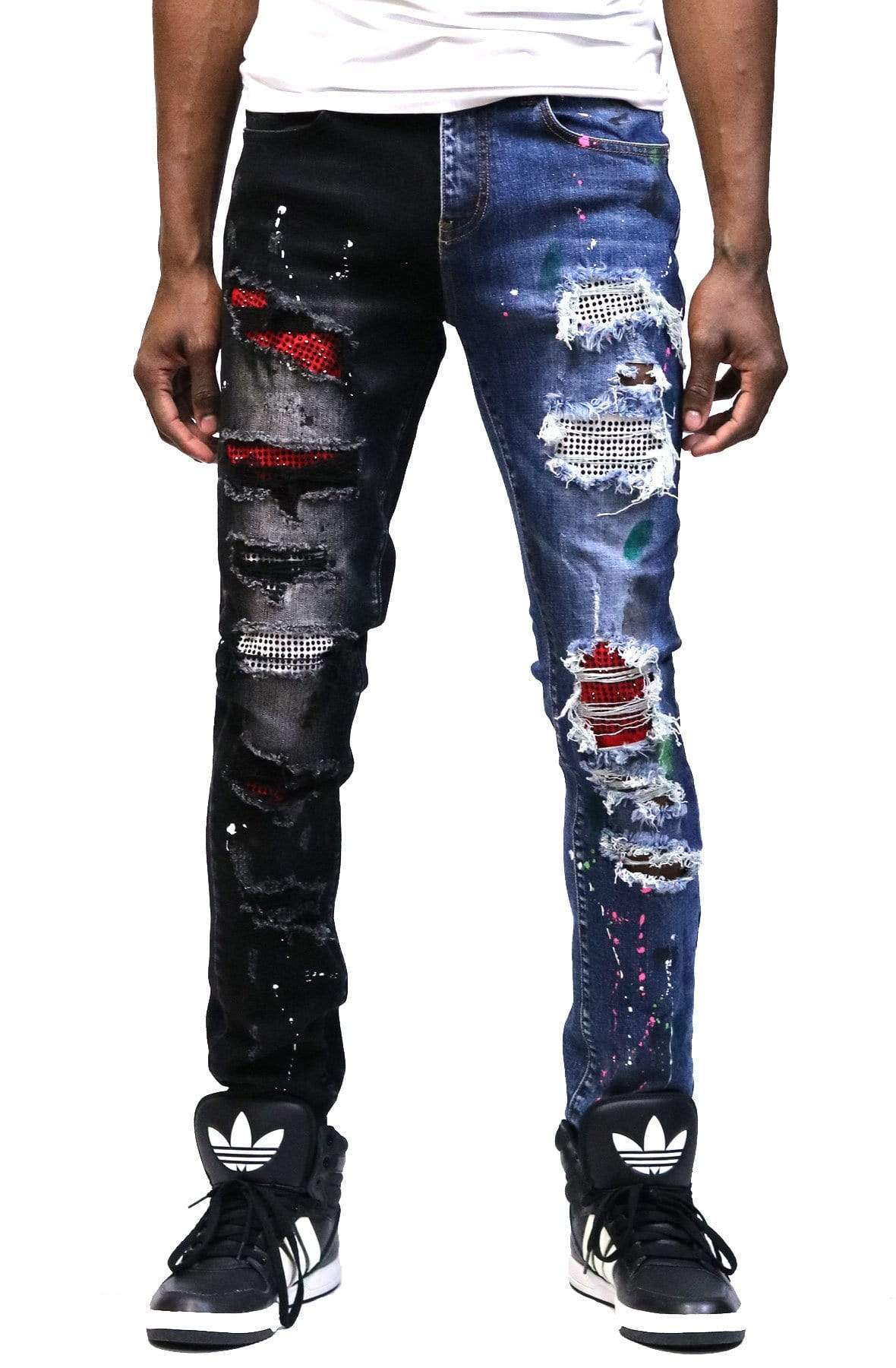 Aspen Men's heavy washed half and half two tone washing stretchable skinny denim pants with rhinestone details.
