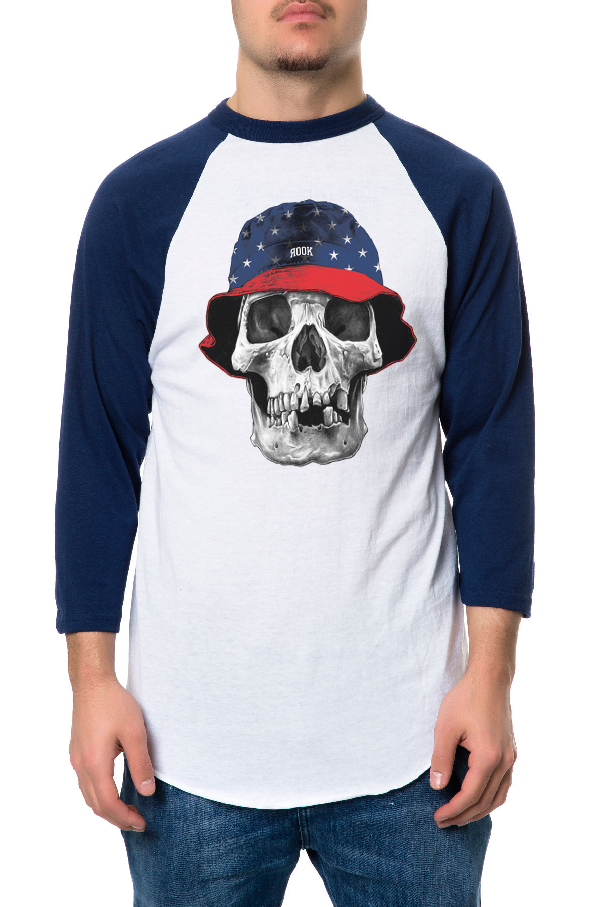 The Bucket Skull Raglan in Navy and White