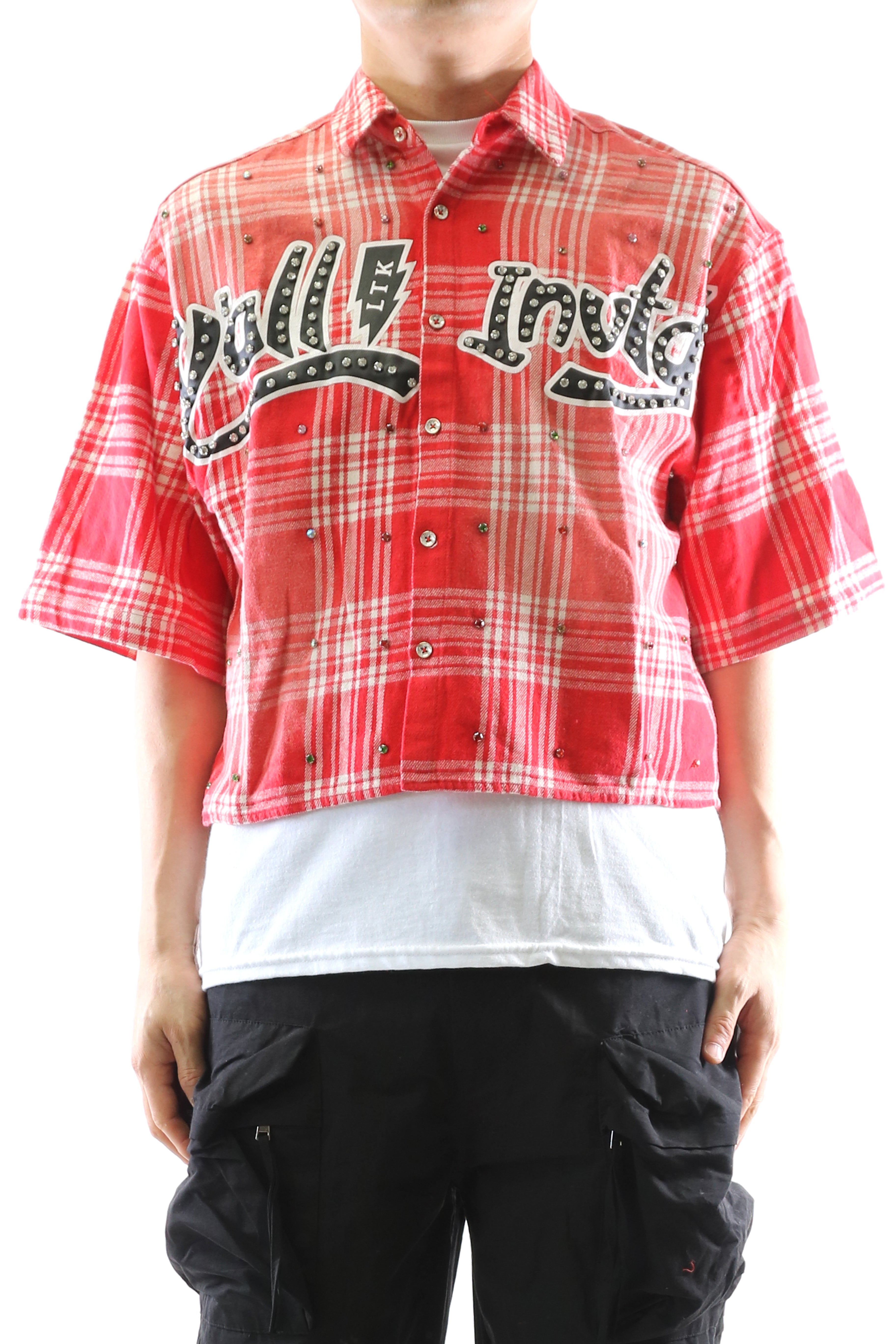 LIADE Washed Flannel Crop Top Button Down Shirt