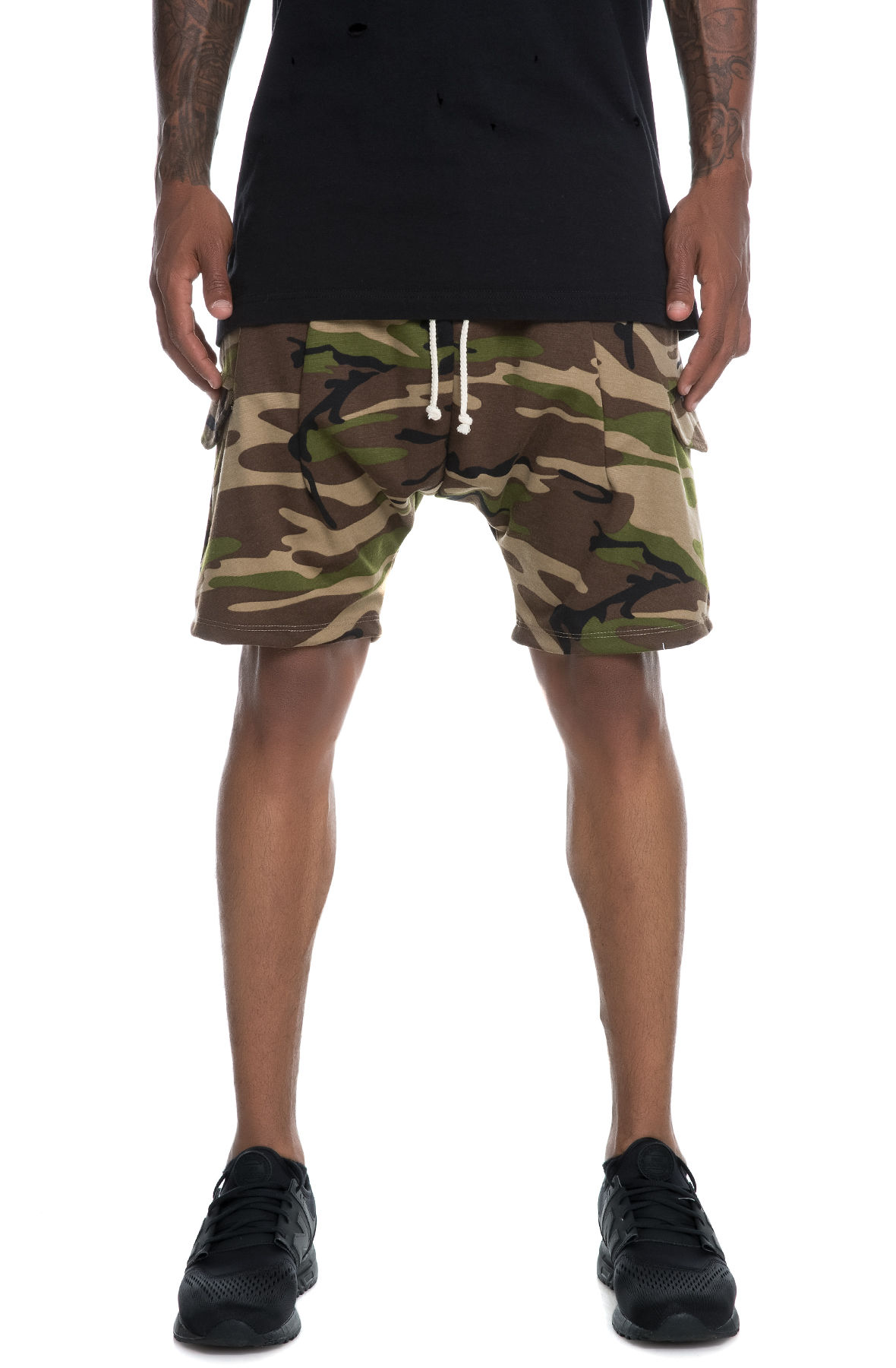 The Ichiro French Terry Drop Crotch Cargo Shorts in Camo