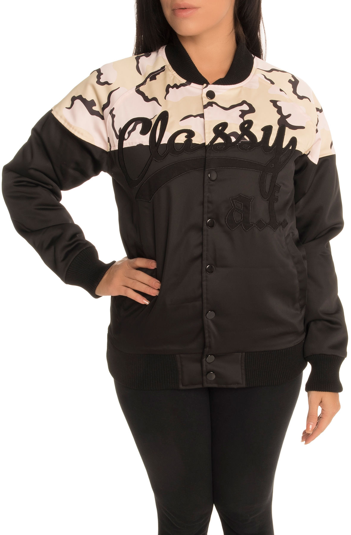 The Classy A.F. Satin Baseball Jacket in Black and Camo