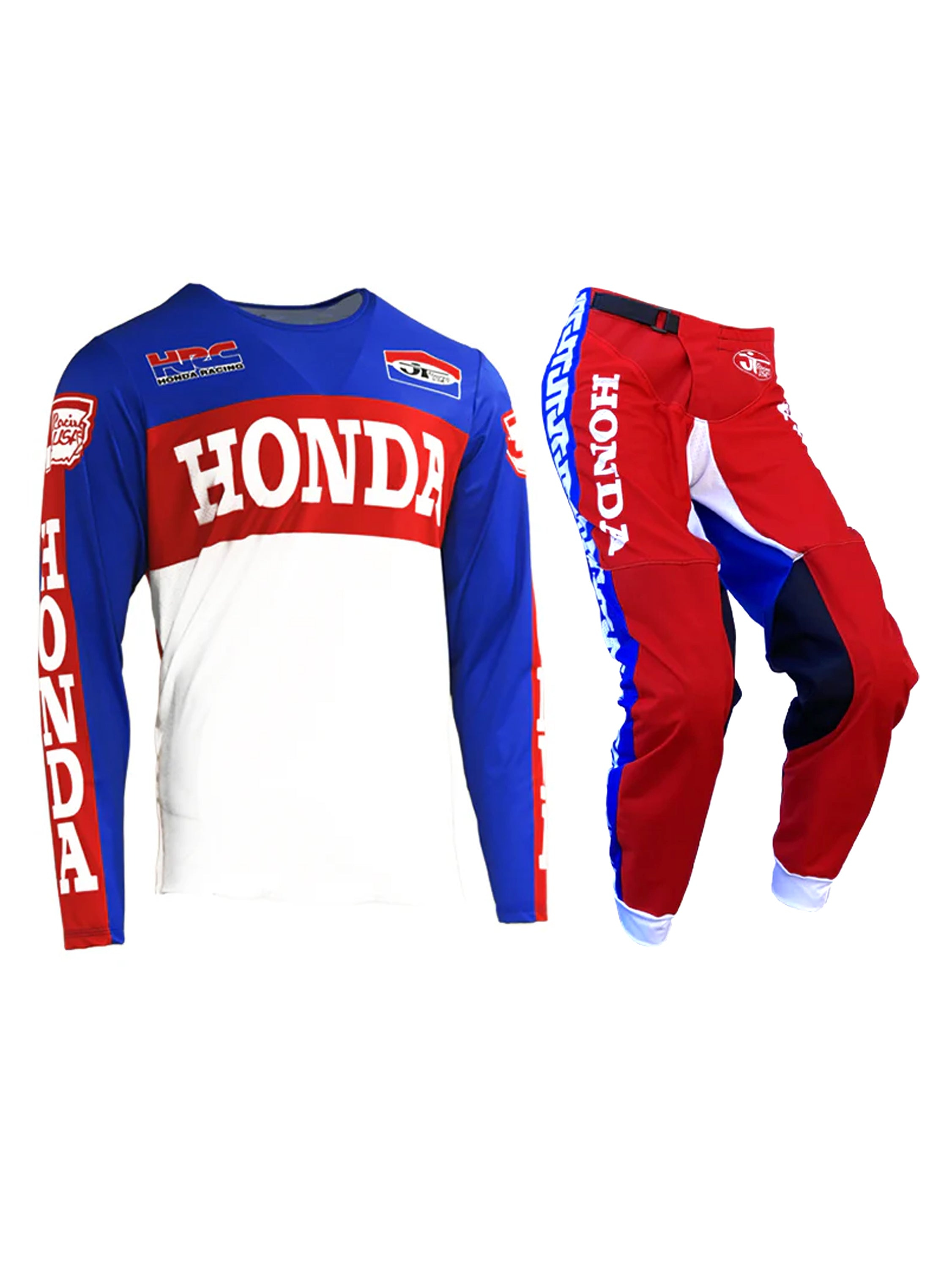 1970s JT Racing Team Honda Jersey and Moto Pant Combo (Red, White and Blue)