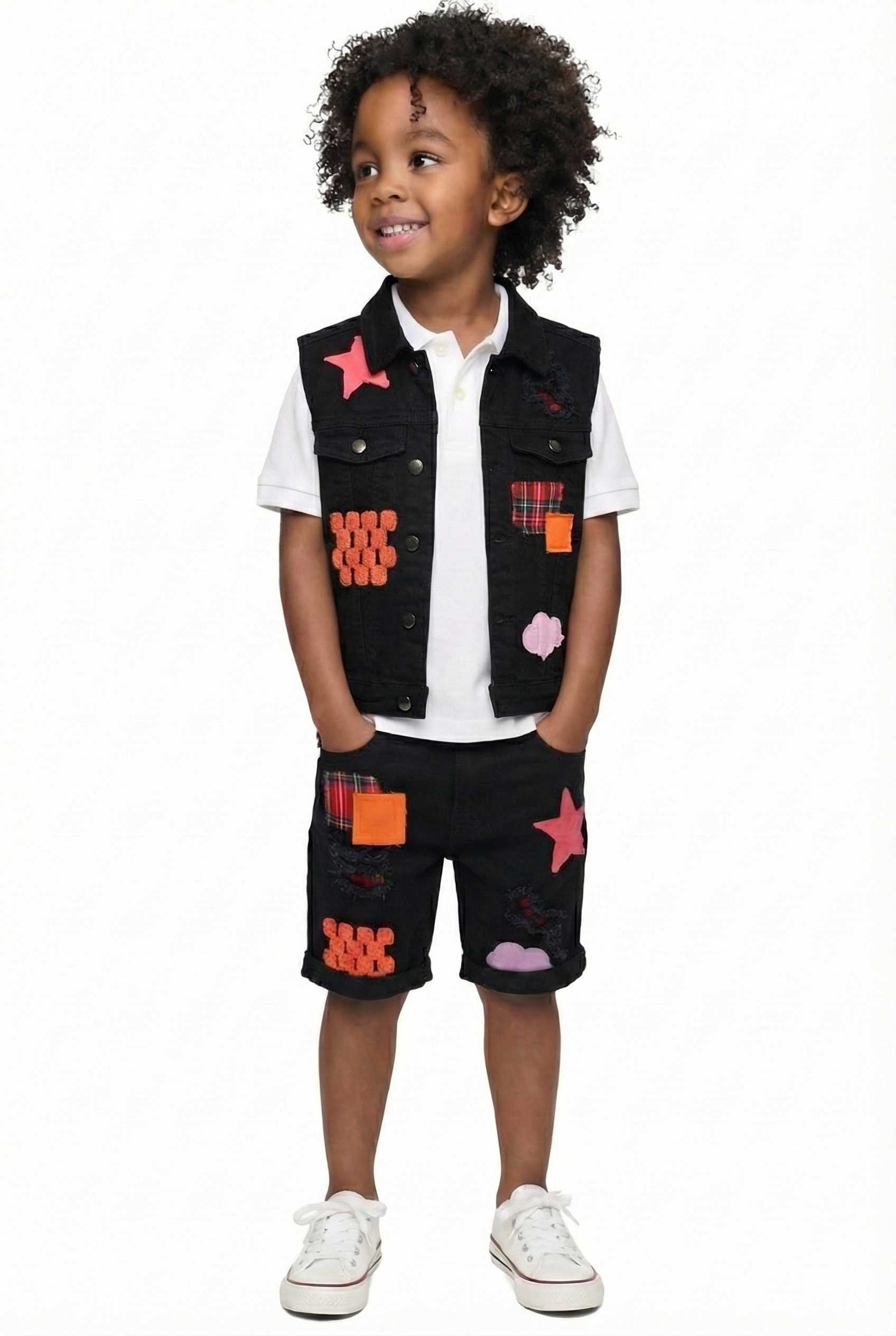 Daphine Kid's Premium Washed Denim Vest Jacket & Short Pants Set