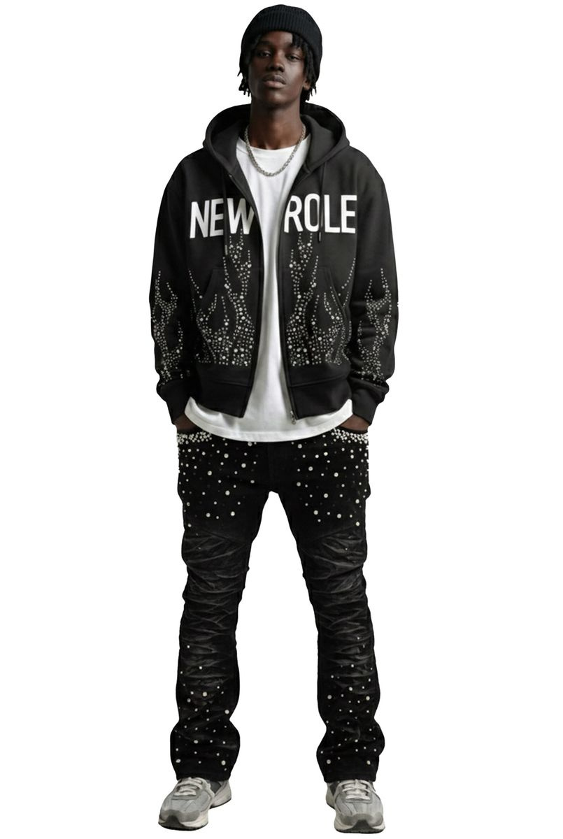 Men's Black Flocking surface Stacked Pants