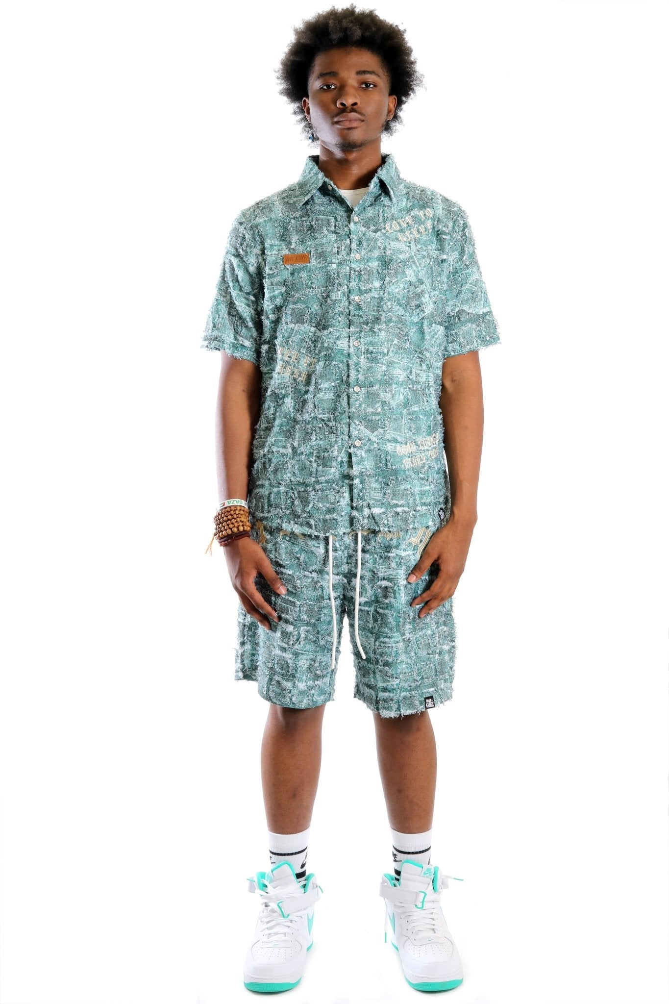 Fisher Men's ripped & repaired coordinate short set