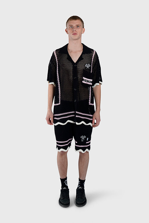 Racket Club Crochet Knit Short-Sleeve Button-Up Shirt