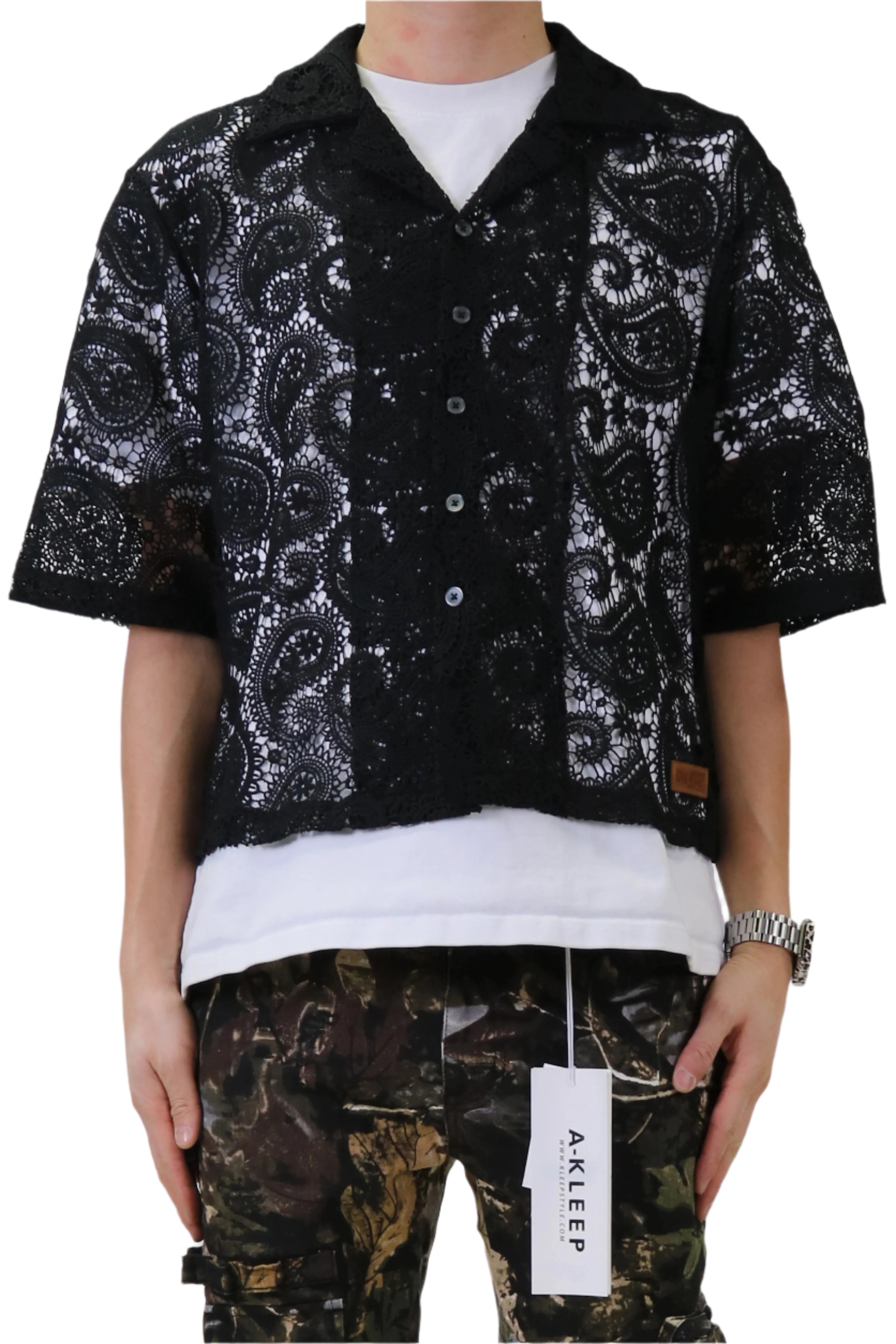 HELWIT Paisley Mesh Crop Top Short Sleeve Buttondown Shirt