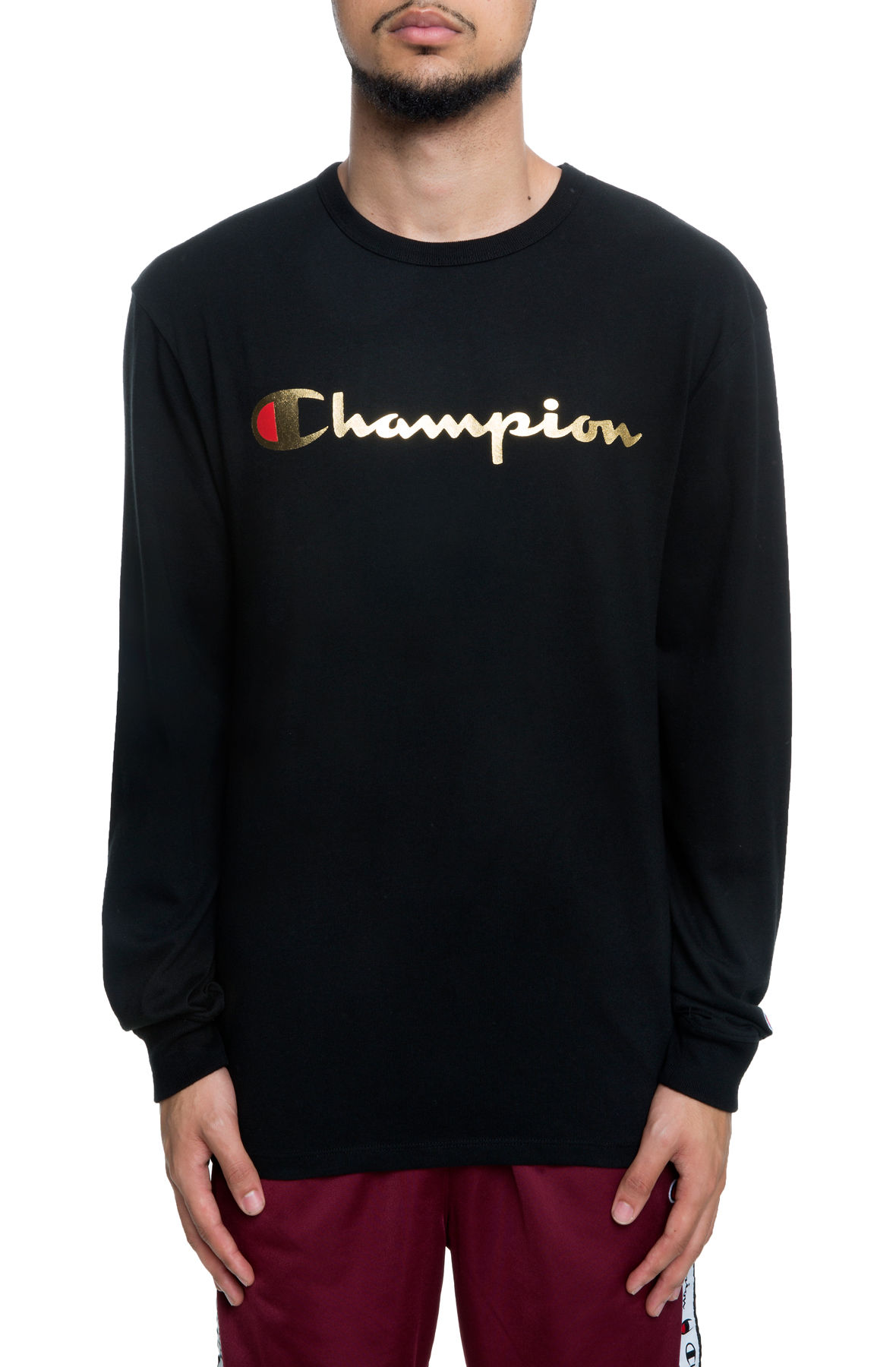 champion heritage long sleeve tee with gold script
