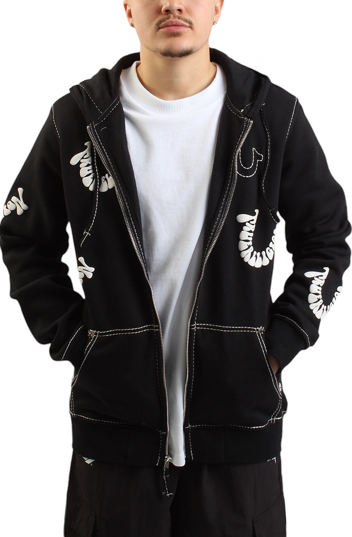 Big T Warped Puff Print Logo Zip Hoodie