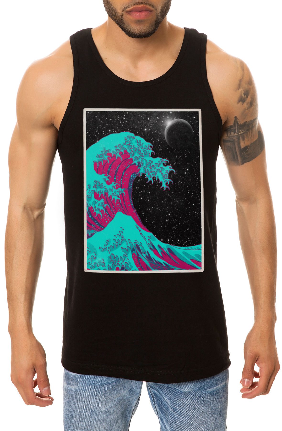 The Hokusai Wave Neon Tank Top in Black