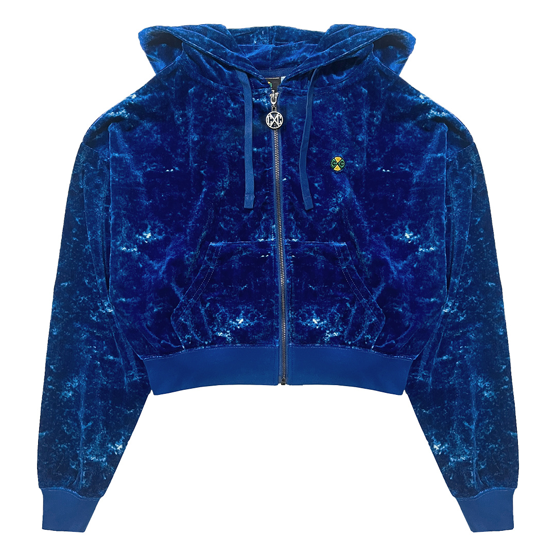 Cross Colours Mineral Wash Velour Crop Zip Hoodie - Mineral Navy