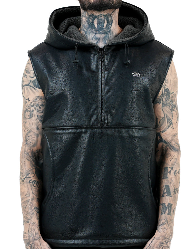 Waxed Faux Leather Sleeveless Hoodie