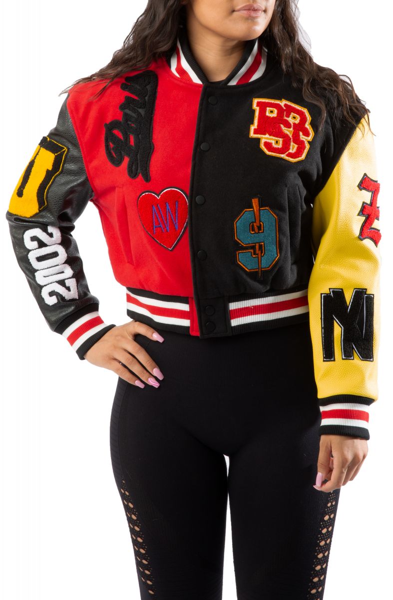 red cropped varsity jacket