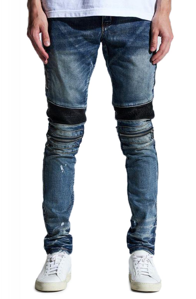【DISCERNMENT】Barmel Biker Brush Denim Embellish La Flame Biker Denim Jeans Acid Bleached Wash Grey
