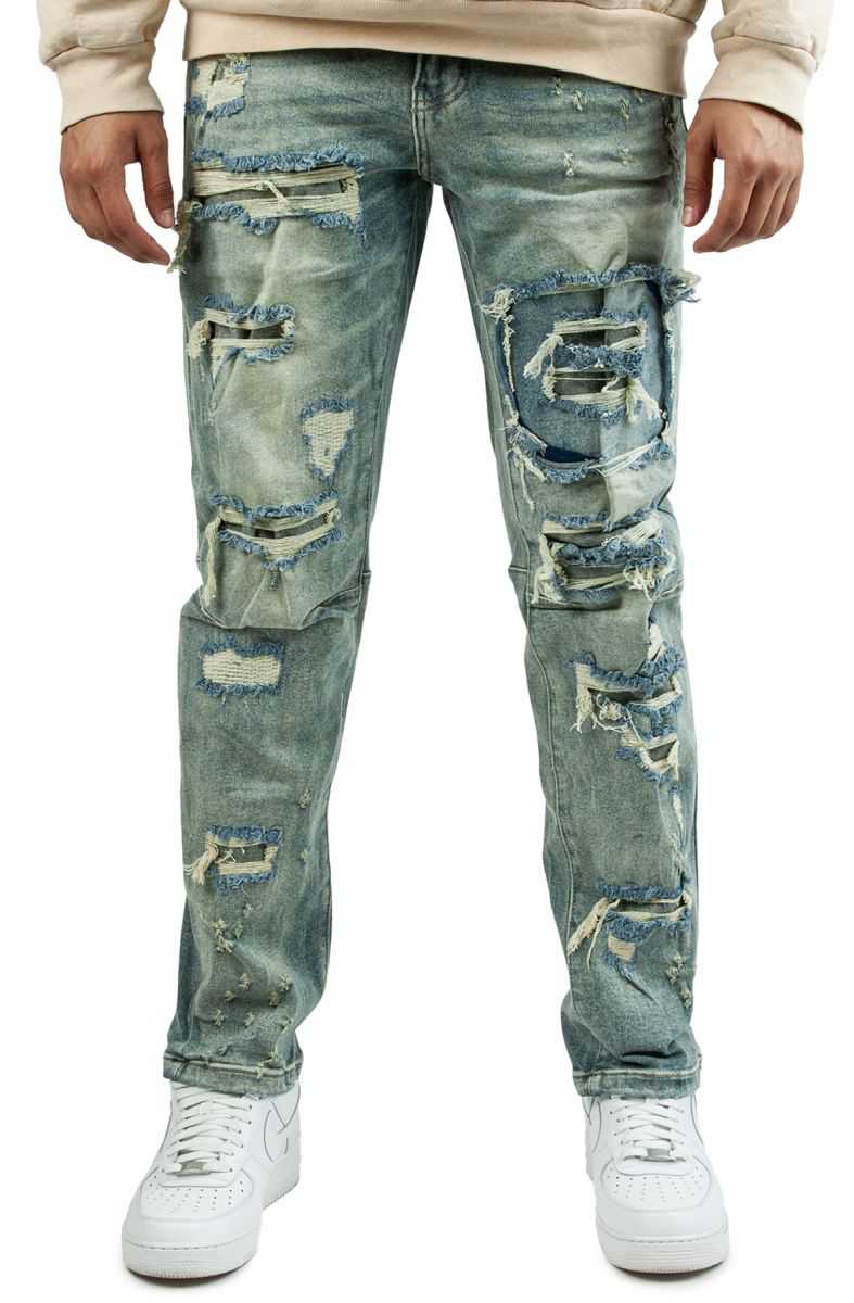 SMOKE RISE Greyson Distress Rip Jeans JP-23117SK-BLUE - Karmaloop