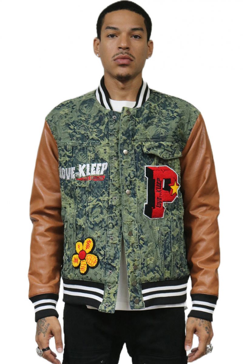 Mens Embroidered Varsity Jacket with Faux Leather Sleeves and Chenille  Embroidered Patches 